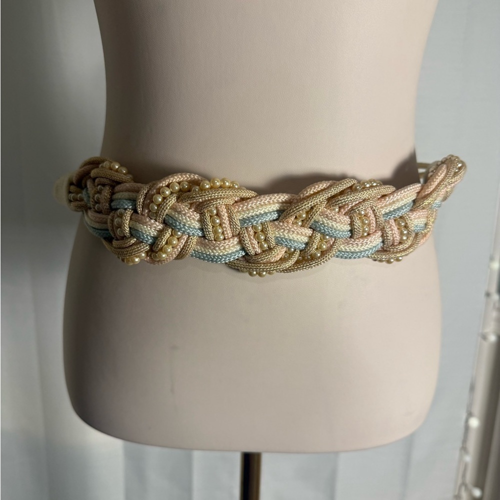 Vintage Braided Rope Belt Pearl Detail Pastel Boho Waist Belt 36”